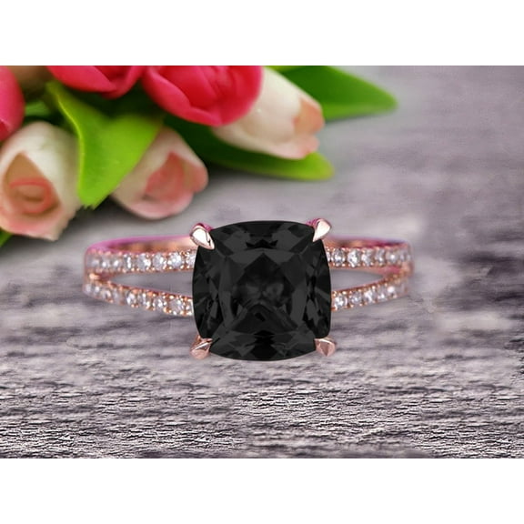 Cushion Cut 2.05 Carat Black Diamond Moissanite Engagement Ring Promise Ring 10k Rose Gold Stacking Band Art Deco Anniversary Gift
