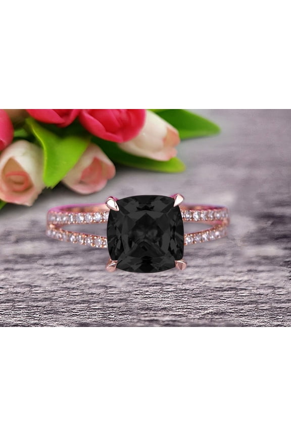 Cushion Cut 2.05 Carat Black Diamond Moissanite Engagement Ring Promise Ring 10k Rose Gold Stacking Band Art Deco Anniversary Gift