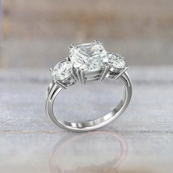 Cushion Cut 3Ct Three-Stone IGI Lab Grown Diamond Wedding Rings 14K White Gold