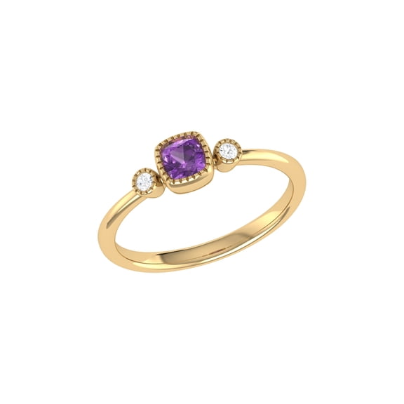 Cushion Cut Amethyst & Diamond Birthstone Ring in 14K Gold