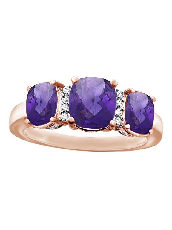 Cushion Cut Amethyst & White Natural Diamond Accent Tree Stone Ring in 14k Rose Gold