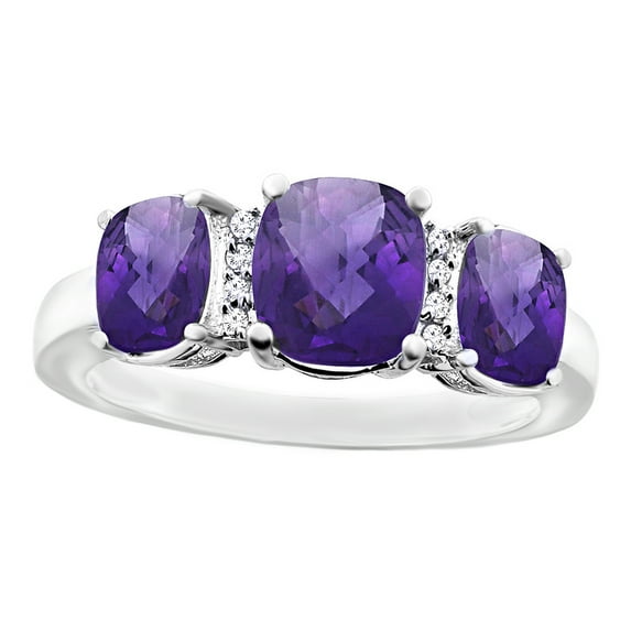 Cushion Cut Amethyst & White Natural Diamond Accent Tree Stone Ring in 14k White Gold