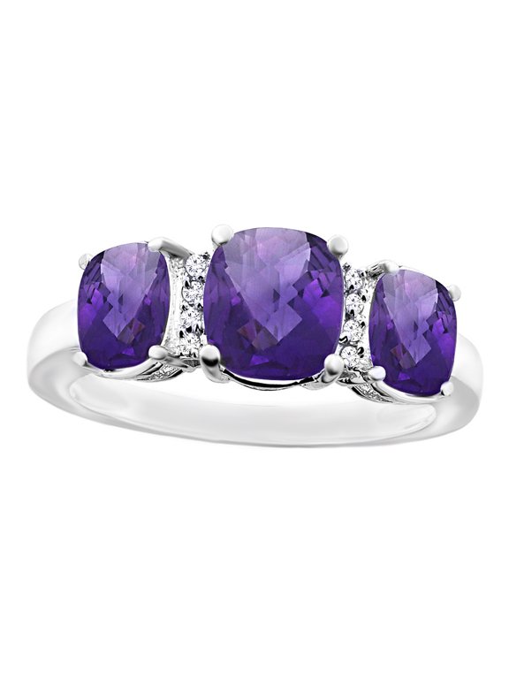 Cushion Cut Amethyst & White Natural Diamond Accent Tree Stone Ring in 14k White Gold