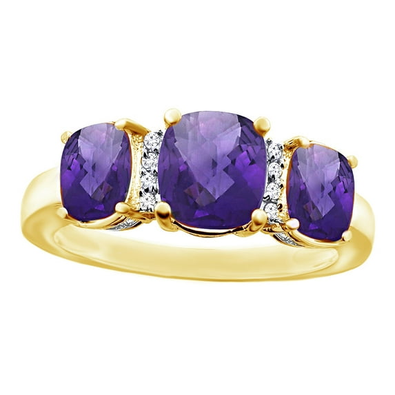 Cushion Cut Amethyst & White Natural Diamond Accent Tree Stone Ring in 14k Yellow Gold