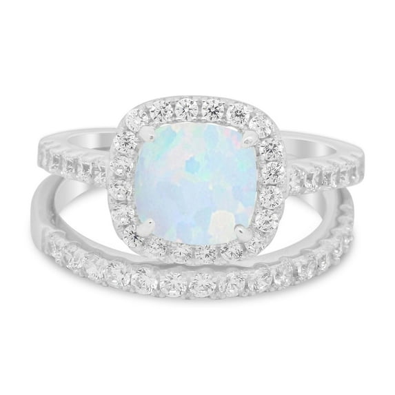 Cushion Cut Band Round Ring Lab Created White Opal 925 Sterling Silver Size 10