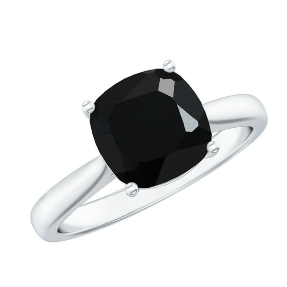 Rosec Jewels Cushion Cut Black Spinel Solitaire Ring with Surprise Diamond - 8 mm - 2.25 CT, 925 Sterling Silver, US 4.00