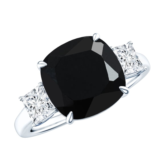 Rosec Jewels Cushion Cut Black Spinel Statement Ring with Moissanite - 10 mm - AAA Quality, 14K White Gold, US 11.50