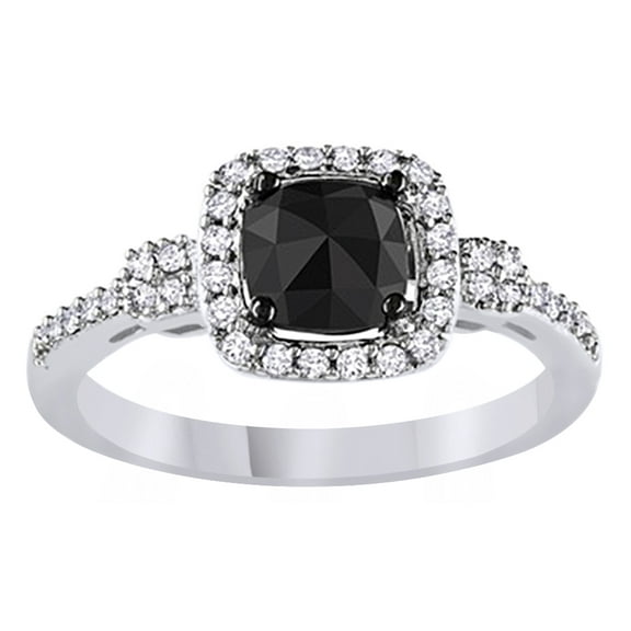 AFFY Cushion Cut Black & White Natural Diamond Halo Ring In 14K Solid White Gold
