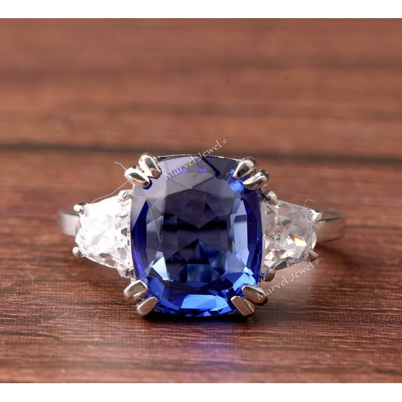Cushion Cut Blue Sapphire Diamond Engagement Ring, Women's Three Stone Sapphire Ring, September Birthstone Ring, Tapered Baguette Ring, 2.0 Ct Simulated Sapphire, 925 Sterling Silver
