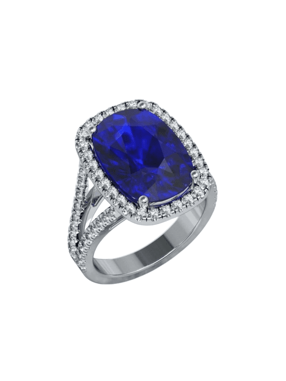 Cushion Cut Blue Sapphire & Diamond Halo & Split Shank Band Ring in 925 Sterling silver - September Birthstone