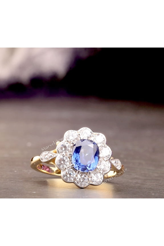 Cushion Cut Blue Sapphire Engagement Ring, Cluster Halo Diamond Ring, 2.1 Ct Simulated Diamond, 14K Yellow Gold Plated, Floral Design Promise Ring For Her