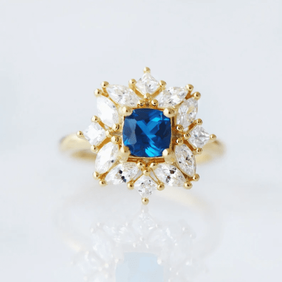 Cushion Cut Blue Sapphire Ring in 14k Yellow Gold vermeil - Bridal Wedding Ring - Gift For Wife