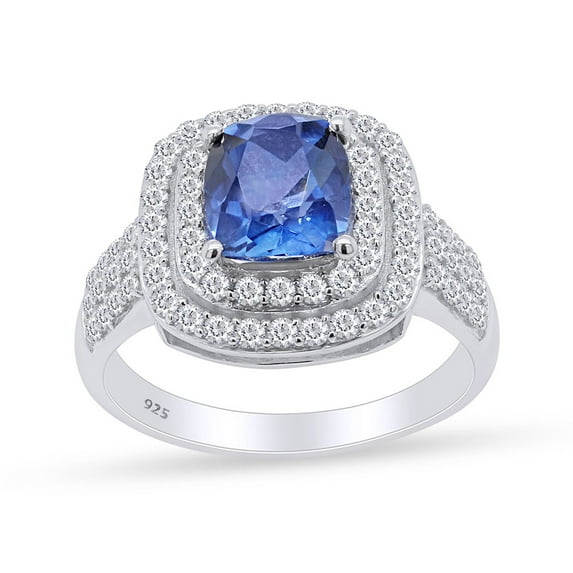 AFFY Cushion Cut Blue Sapphire & White Topaz Engagement Ring in 14k White Gold Over Sterling Silver (2.69 Cttw) Ring size-10