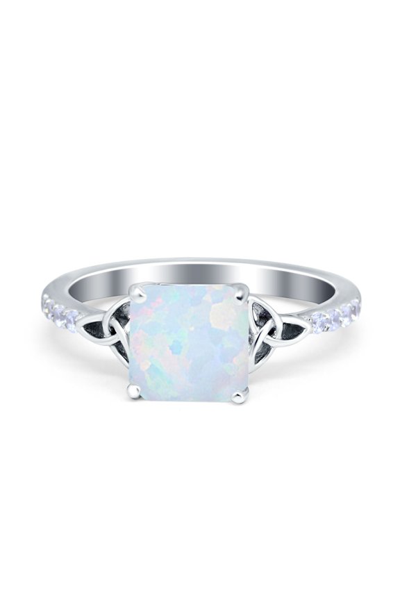 Cushion Cut Celtic Ring Lab Created White Opal 925 Sterling Silver Size 7
