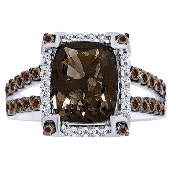 Cushion Cut Champagne & White Diamond Halo Engagement Ring In 14K Solid White Gold