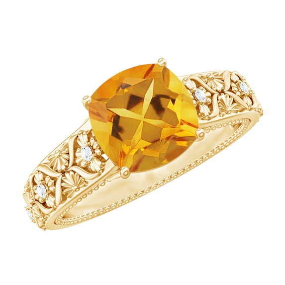 Rosec Jewels Cushion Cut Citrine Solitaire Ring with Diamond for Women - 8 mm, 14K Yellow Gold, US 11.00