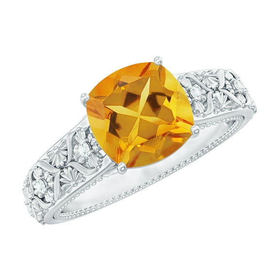 Rosec Jewels Cushion Cut Citrine Solitaire Ring with Diamond for Women - 8 mm, 925 Sterling Silver, US 9.00