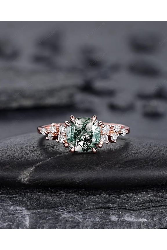 Cushion Cut Cluster Moss Agate Engagement Ring, Moss Agate Diamond Promise Ring, 14K Gold Wedding Ring Anniversary Gift for her