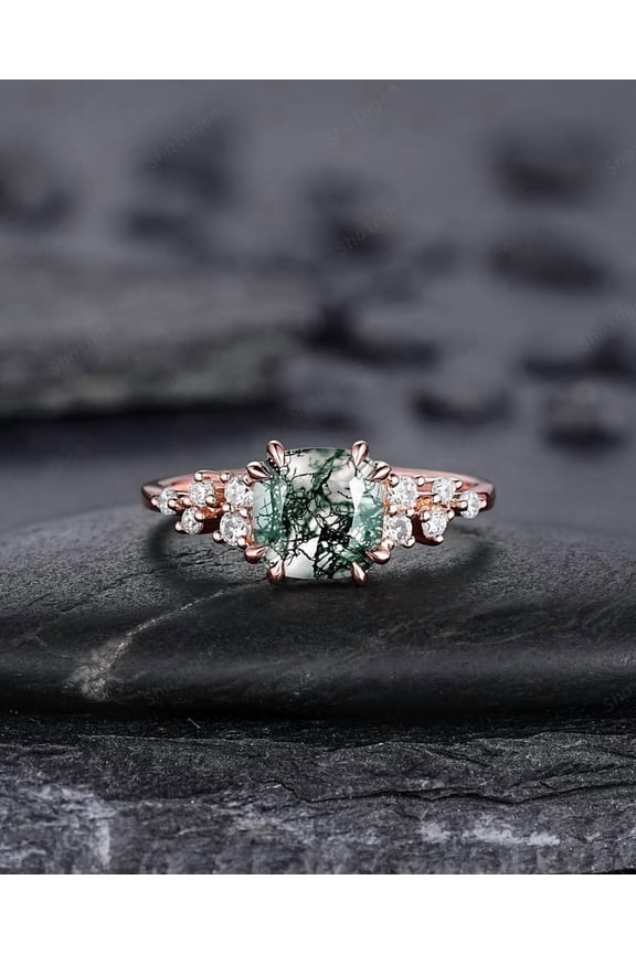 Cushion Cut Cluster Moss Agate Engagement Ring, Moss Agate Diamond Promise Ring, 14K Gold Wedding Ring Anniversary Gift for her