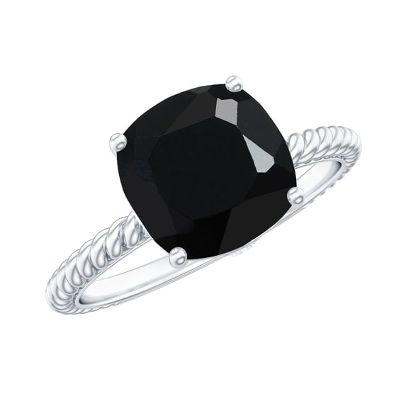 Cushion Cut Created Black Diamond Solitaire Ring with Diamond for Women (8 mm), 10K White Gold, US 8.50