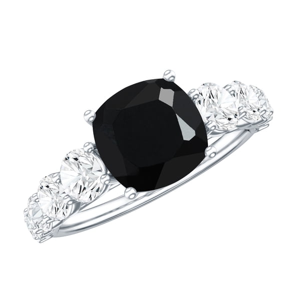 Cushion Cut Created Black Diamond Solitaire Ring with Moissanite for Women, 10K White Gold, US 6.50