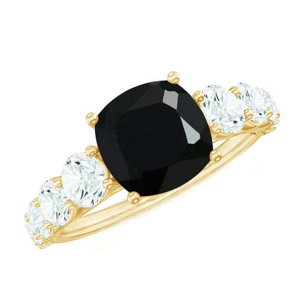 Cushion Cut Created Black Diamond Solitaire Ring with Moissanite for Women, 14K Yellow Gold, US 3.00
