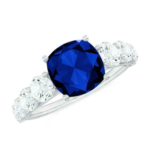 Rosec Jewels Cushion Cut Created Blue Sapphire Ring with Moissanite Side Stones (8 mm), 18K White Gold, US 10.00