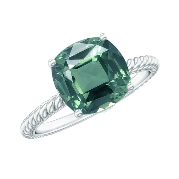 Rosec Jewels Cushion Cut Created Green Sapphire Solitaire Ring with Diamond for Women (8 mm), 10K White Gold, US 4.50