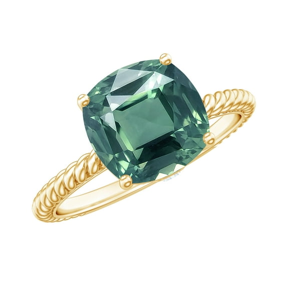 Rosec Jewels Cushion Cut Created Green Sapphire Solitaire Ring with Diamond for Women (8 mm), 14K Yellow Gold, US 5.00
