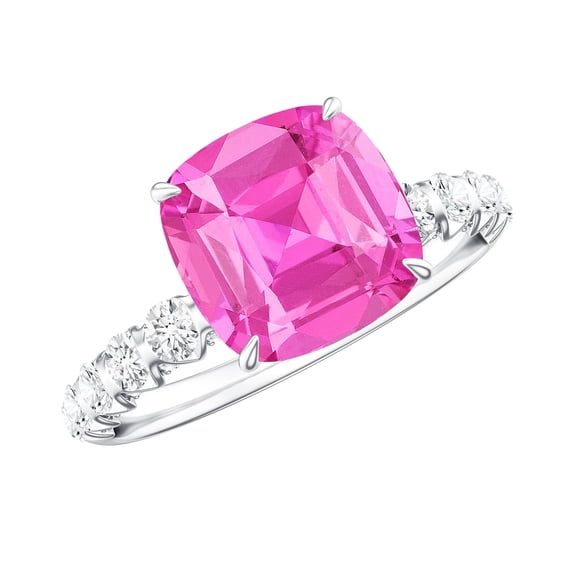 Cushion Cut Created Pink Sapphire Solitaire Ring with Diamond - 2.7 Carat - AAAA Quality, 10K White Gold, US 3.50