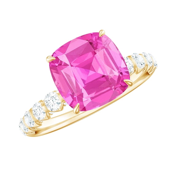 Rosec Jewels Cushion Cut Created Pink Sapphire Solitaire Ring with Diamond - 8 mm, 14K Yellow Gold, US 11.00