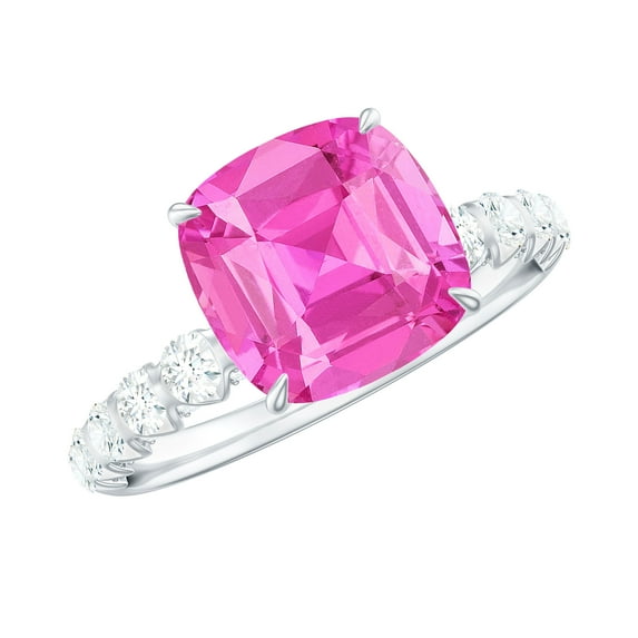 Rosec Jewels Cushion Cut Created Pink Sapphire Solitaire Ring with Diamond - 8 mm, 18K White Gold, US 12.00