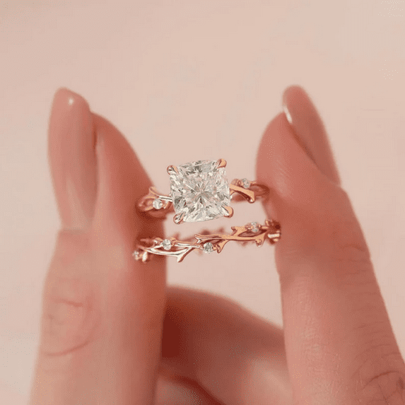 Cushion Cut Diamond Twig Ring Set in 14K Rose Gold Vermeil- Dainty Twig Engagement Ring Set