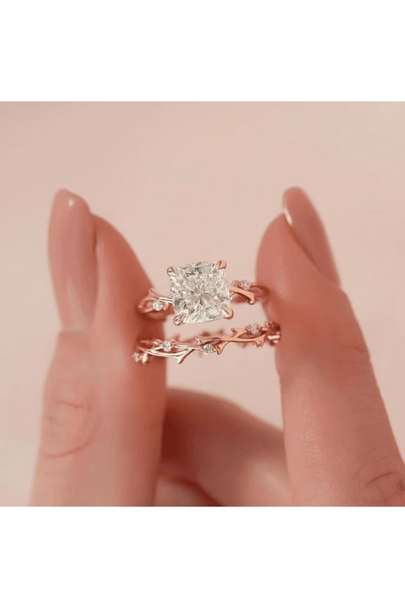 Cushion Cut Diamond Twig Ring Set in 14K Rose Gold Vermeil- Dainty Twig Engagement Ring Set