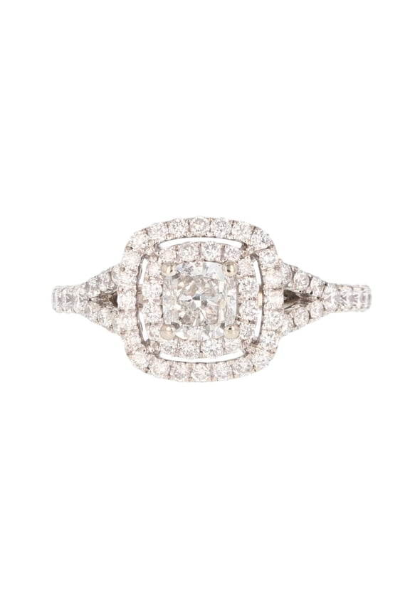 Cushion Cut Double Halo Diamond Engagement Ring, Split Shank Solitaire With Accents Diamond Ring, 14K White Gold Plated, 2.2 Ct Simulated Diamond