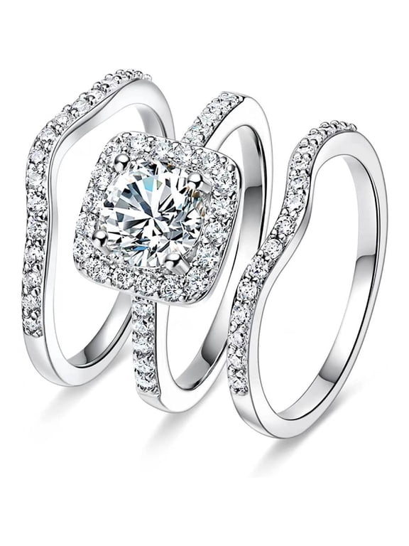 Cushion Cut Halo Engagement Ring Set 3PCS Curved Stackable Wedding Band Bridal Ring Set for Women-6th