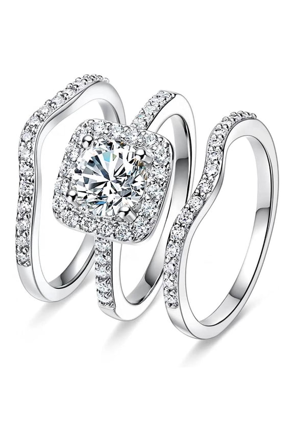 Cushion Cut Halo Engagement Ring Set 3PCS Curved Stackable Wedding Band Bridal Ring Set for Women-7th