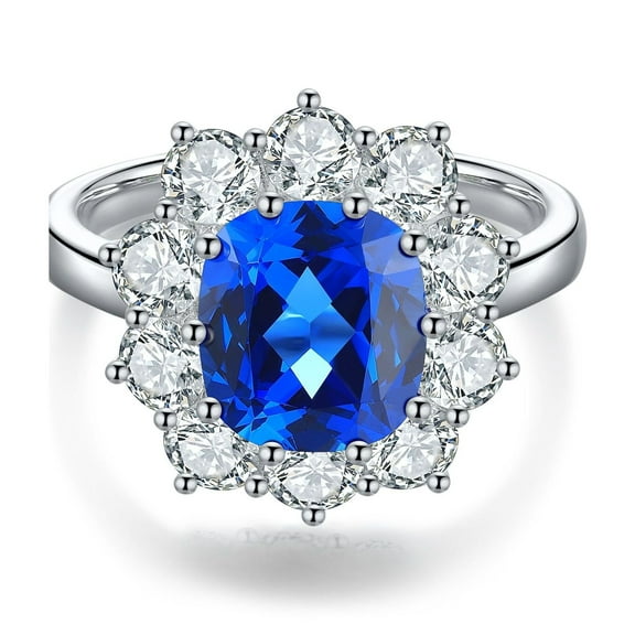 Cushion Cut Lab Created Blue Sapphire Moissanite Halo Engagement Ring in 925 Sterling Silver – Vintage Style Cocktail Ring for Women – Elegant Gift for Her