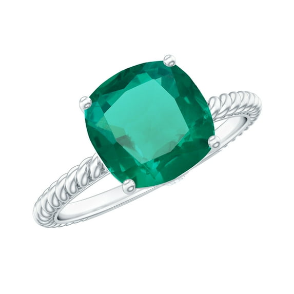 Rosec Jewels Cushion Cut Lab Created Emerald Solitaire Ring with Diamond for Women (8 mm), 14K White Gold, US 11.50