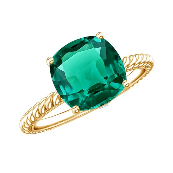 Cushion Cut Lab Created Emerald Solitaire Ring with Diamond for Women (2 Carat), 18K Yellow Gold, US 7.00