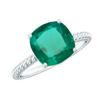 Rosec Jewels Cushion Cut Lab Created Emerald Solitaire Ring with Diamond for Women (8 mm), 925 Sterling Silver, US 4.00