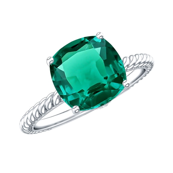 Cushion Cut Lab Created Emerald Solitaire Ring with Diamond for Women (2 Carat), 925 Sterling Silver, US 4.00