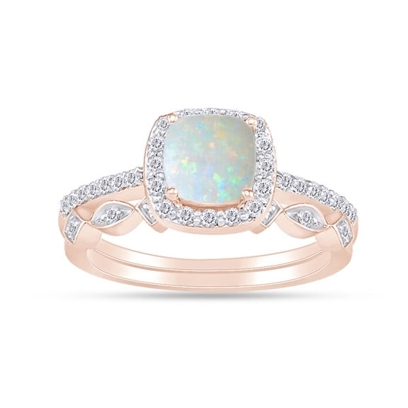 Cushion Cut Lab Created Opal And 0.25 Cttw White Natural Diamond Frame Art Deco Bridal Set Engagement Ring In 10k Solid Rose Gold Ring Size-10