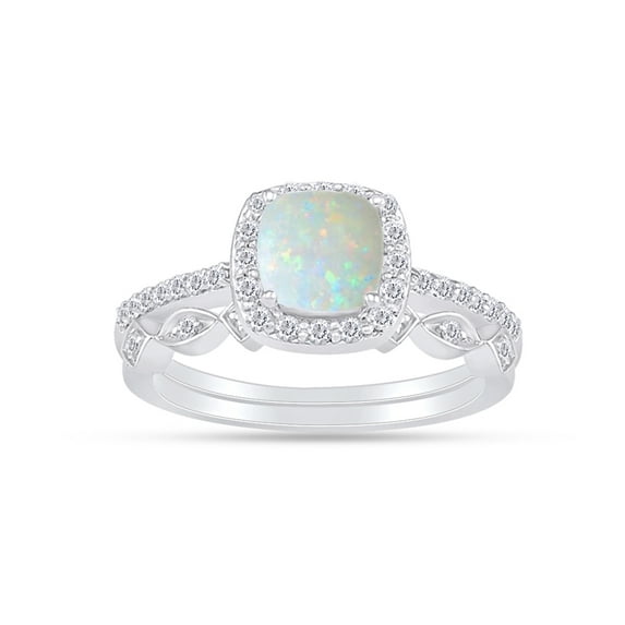 Cushion Cut Lab Created Opal And 0.25 Cttw White Natural Diamond Frame Art Deco Bridal Set Engagement Ring In 10k Solid White Gold Ring Size-5.5
