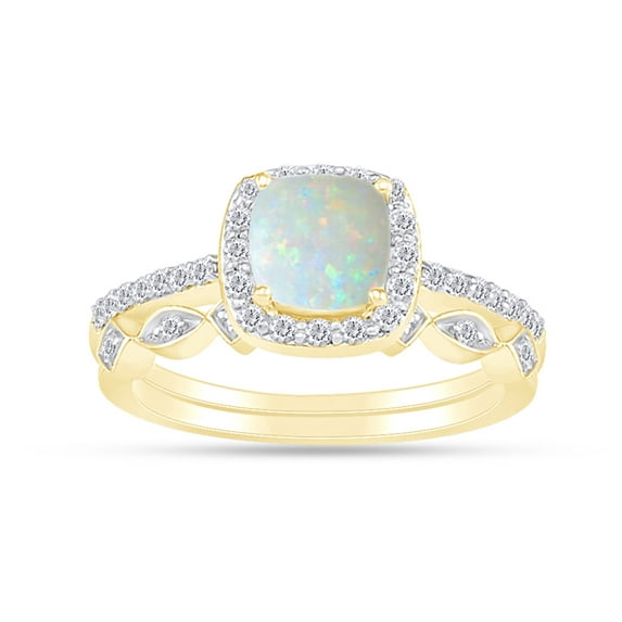 Cushion Cut Lab Created Opal And 0.25 Cttw White Natural Diamond Frame Art Deco Bridal Set Engagement Ring In 10k Solid Yellow Gold Ring Size-4.5