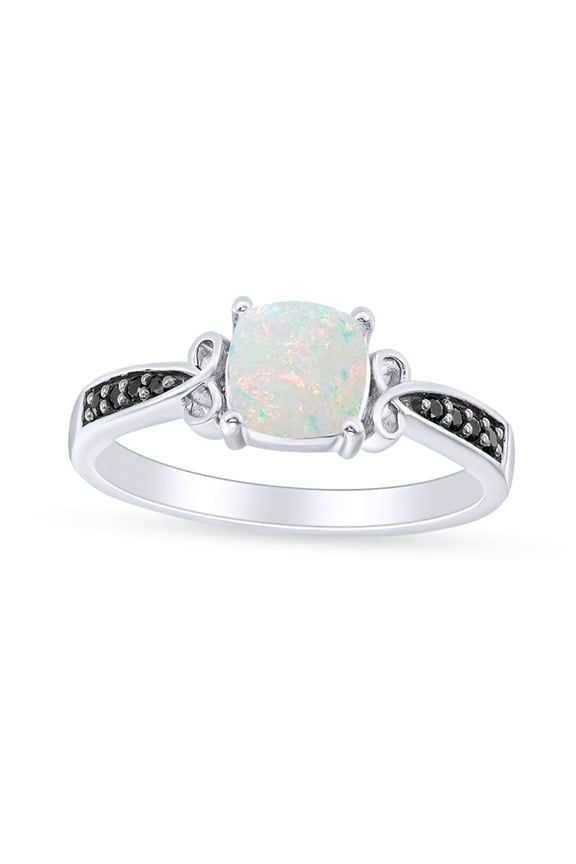Cushion Cut Lab Created Opal & Round Black Natural Diamond Criss-Cross Loop Promise Ring In 10k Solid White Gold Ring For Women Ring Size-4