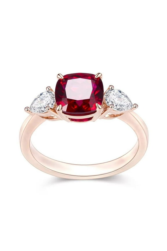 Cushion Cut Lab Created Red Garnet Moissanite Ring for Women in 925 Sterling Silver Three Stone Gem Design Elegant Anniversary, Birthday, Promise or Bridal Gift for Wife or Girlfriend