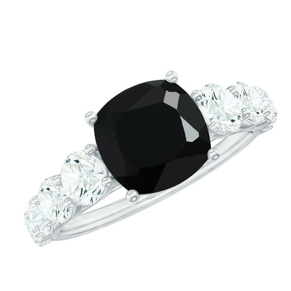 Rosec Jewels Lab Grown Black Diamond Cushion Cut Engagement Ring with Side Stones - 8 mm - AAAA Grade - with Jewelry Box, 10K White Gold, US 9.00