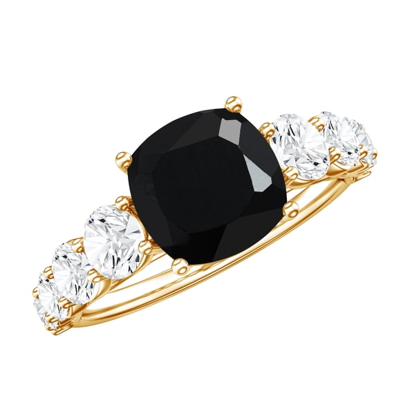 Rosec Jewels Lab Grown Black Diamond Cushion Cut Engagement Ring with Side Stones - 2.8 Ct - AAAA Grade - with Jewelry Box, 18K Yellow Gold, US 4.50
