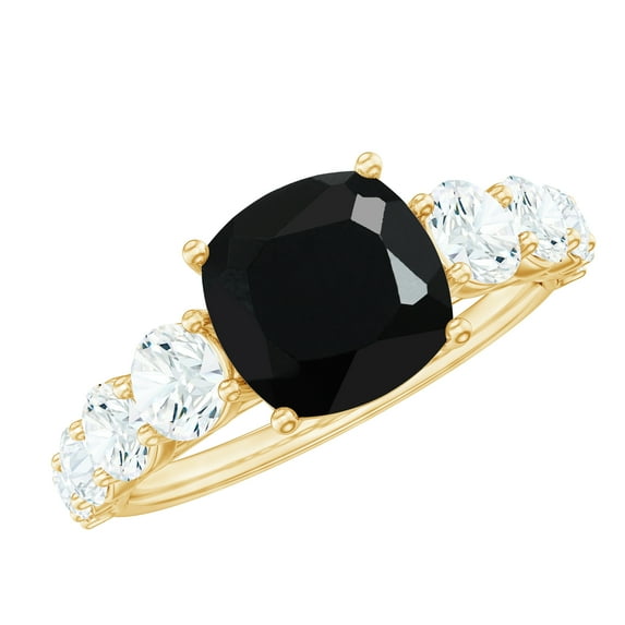 Rosec Jewels Lab Grown Black Diamond Cushion Cut Engagement Ring with Side Stones - 8 mm - AAAA Grade - with Jewelry Box, 18K Yellow Gold, US 4.50